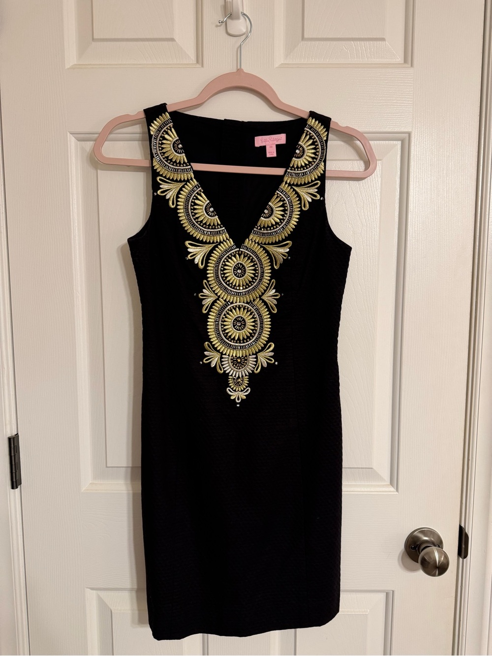 Lilly Pulitzer Black Midi Dress with Gold Embroidered V-Neck Medallion Trim